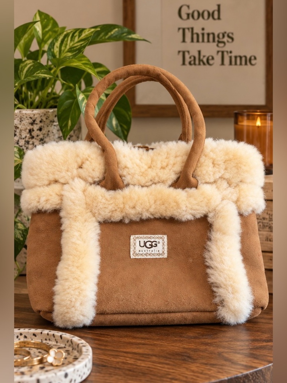 Vintage UGG Australia Shearling Suede Tote Handbag Y2K Chestnut Brown